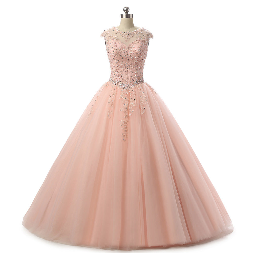 LP8766 Cap Sleeves Scoop Aqua Scarlet Blush Lace Ball Gown Prom Dress –  Siaoryne