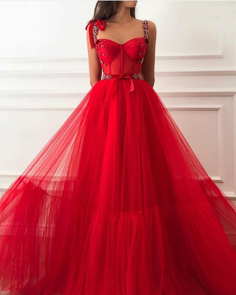 Fancy Women Formal Gowns Long Red Dot Tulle Prom Dresses with Straps Vestidos 2022