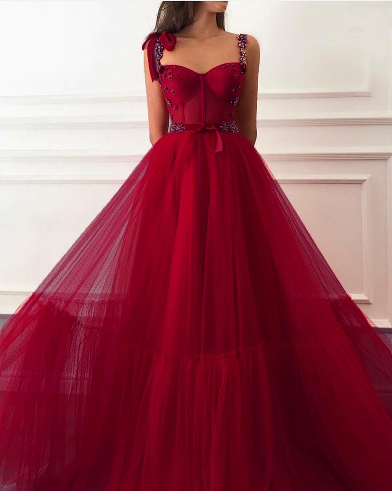 Fancy Women Formal Gowns Long Red Dot Tulle Prom Dresses with Straps Vestidos 2022