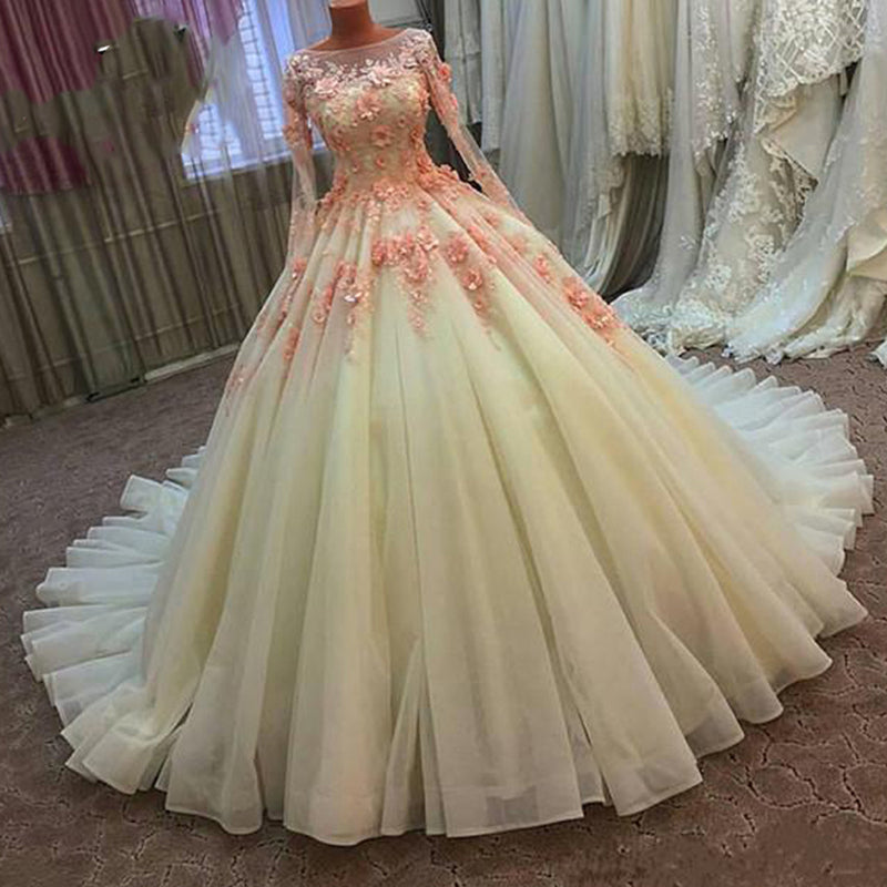 Vestido de novia de encaje de manga larga de moda, vestido de fiesta de princesa, vestido de noche 2020