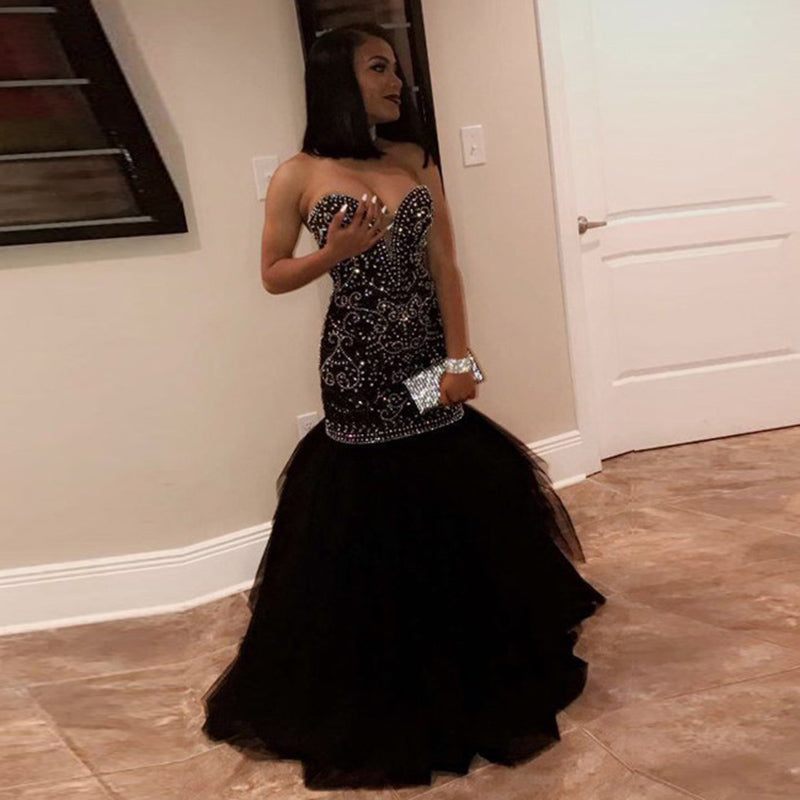 Robe de soirée sirène de luxe sexy en forme de cœur avec perles, robe de soirée noire