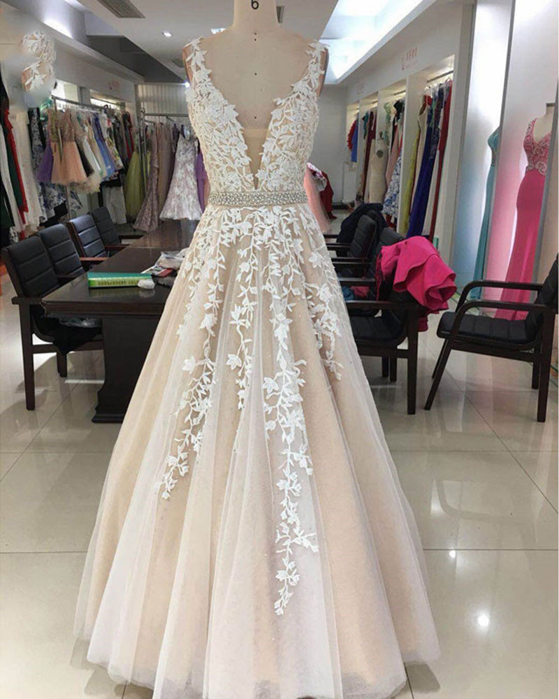 Robe de bal longue en dentelle ivoire/champagne pour filles, coupe A-line, robe de remise de diplôme, PL5544