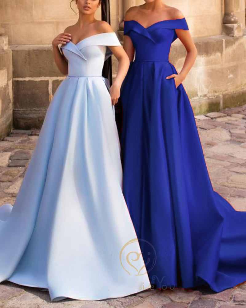 Superbes robes de bal de fin d'année en satin bleu à épaules dénudées pour filles PL10220