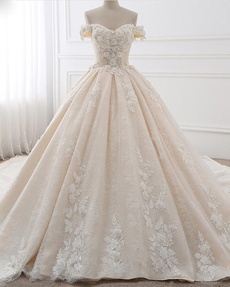 Romantic Off Shoulder Princesss Lace Ball Gown Wedding Dress 2021 with Flowers Robe De Mariee WD01123