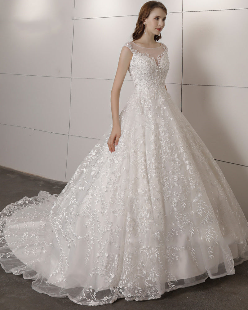 Princess Scoop Neck Ivory Lace Women Wedding Dresses 2020 for Bride Ball Gown WD1131