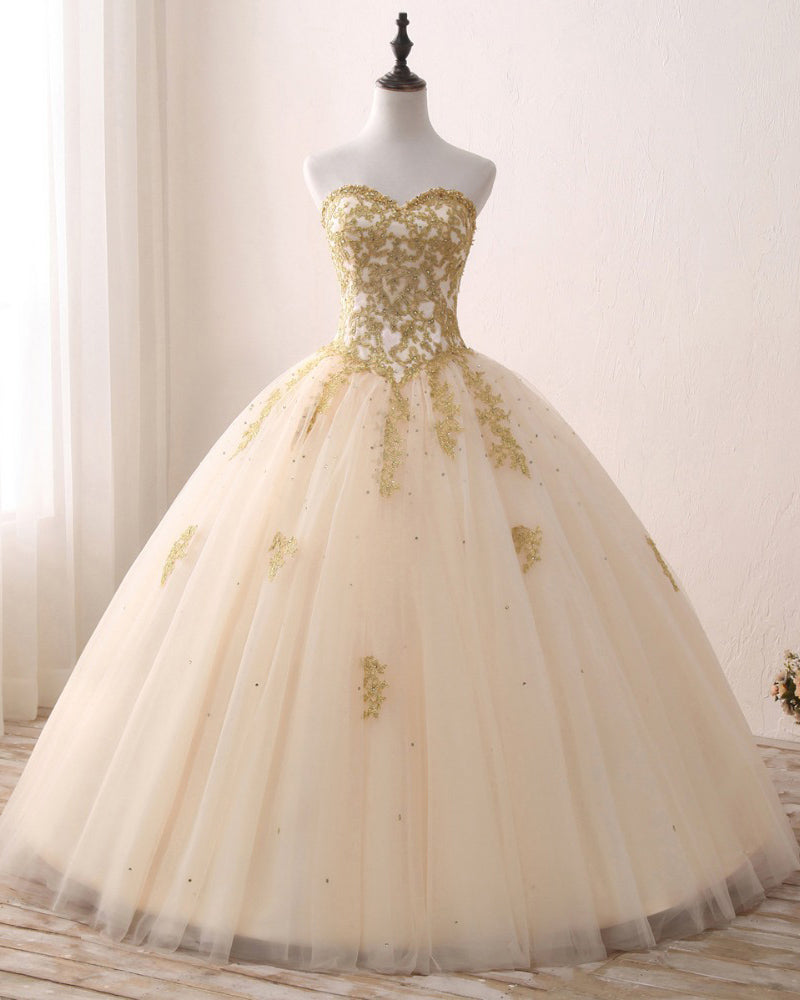 Princess Sweetheart Champagne Ball Gown Sweet 16 Dress Quinceanera Prom Gown with Gold Lace LP1224