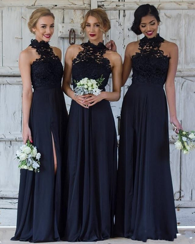 Vestido largo de gasa con cuello halter y encaje azul marino/burdeos para dama de honor, vestido de fiesta de boda para mujer PL0908