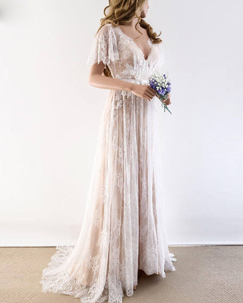 blue dress for baby girl Short Sleeves Nude/ivory Beach Wedding Dress Lace Boho Bride Gown WD09 –  Siaoryne