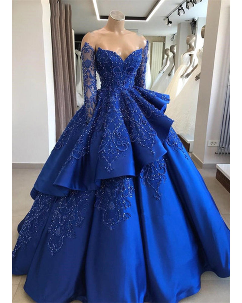 Stylish Long Sleeves Lace Beaded Ball Gown Women Formal Dress