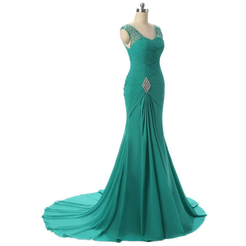 Vestido de noche largo con cuentas y estilo sirena verde elegante para mujer, vestidos de madre de la novia hechos a medida