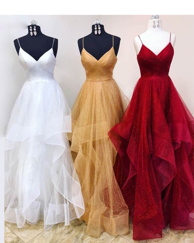 Gold/Red/White  A Line Tulle Prom Dresses Long Spaghetti Pleats Ruffles Party Dress Vestido De Festa