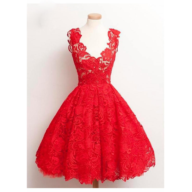 Nuevos vestidos de fiesta de encaje con apliques, largo hasta la rodilla, escote en V, corte A, vestidos de graduación cortos para niñas