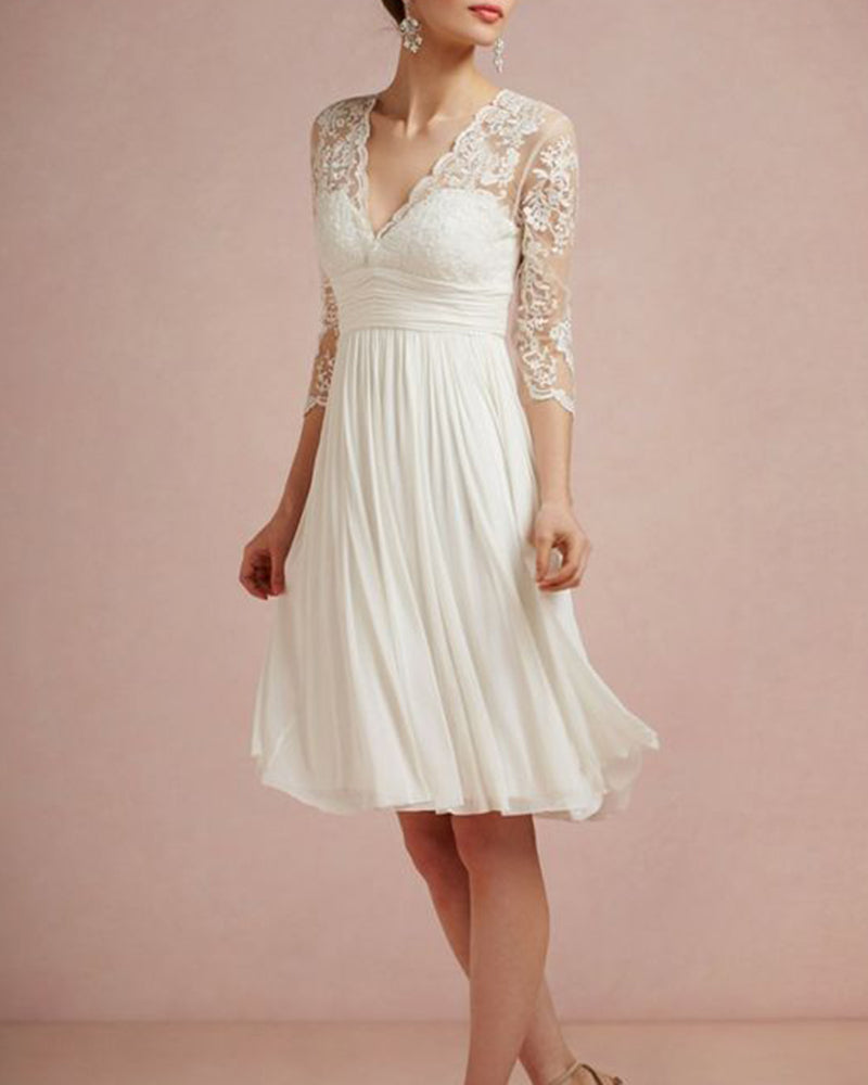 Robe de mariée courte en mousseline de soie et dentelle à plis vintage, col en V, manches 3/4, robes de soirée de mariage WD1027