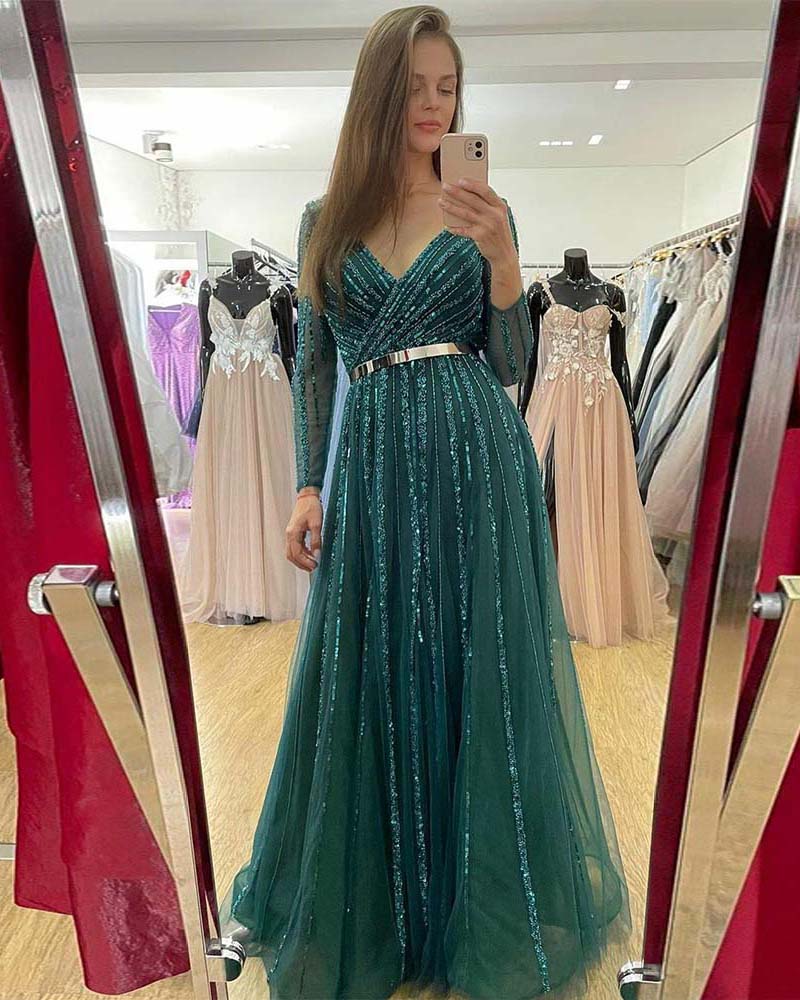 Elegantes vestidos de noche de manga larga color verde esmeralda con escote en V y lentejuelas de tul para mujer, vestidos de fiesta personalizados, talla PL104133