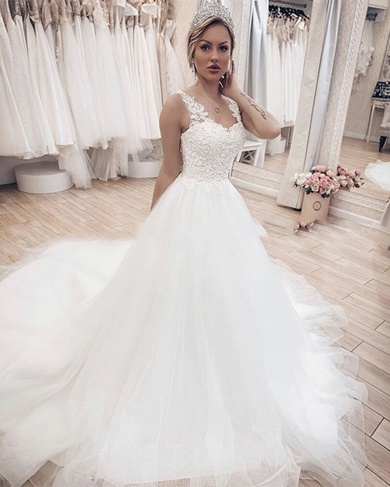 Romantic Lace Tulle V Neck Wedding Dress Women Formal Bridal Gown Court Train