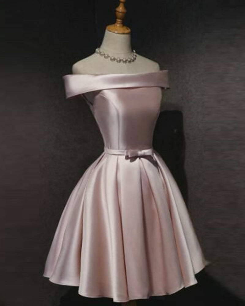 Vestido de fiesta de satén con hombros descubiertos, corte en A, color rosa pálido, para niñas pequeñas, vestido de fiesta de graduación, minifalda SP1024