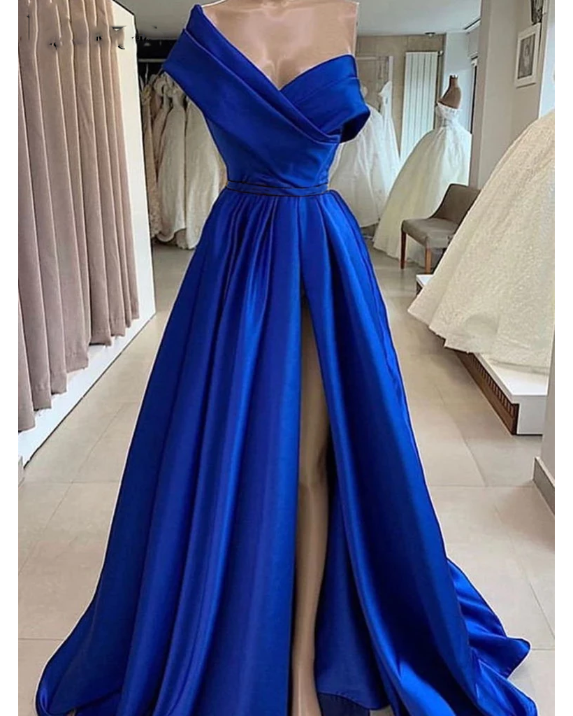 Vestido de noche azul real de satén con corte en A único, vestidos de fiesta largos con un solo hombro PL0805