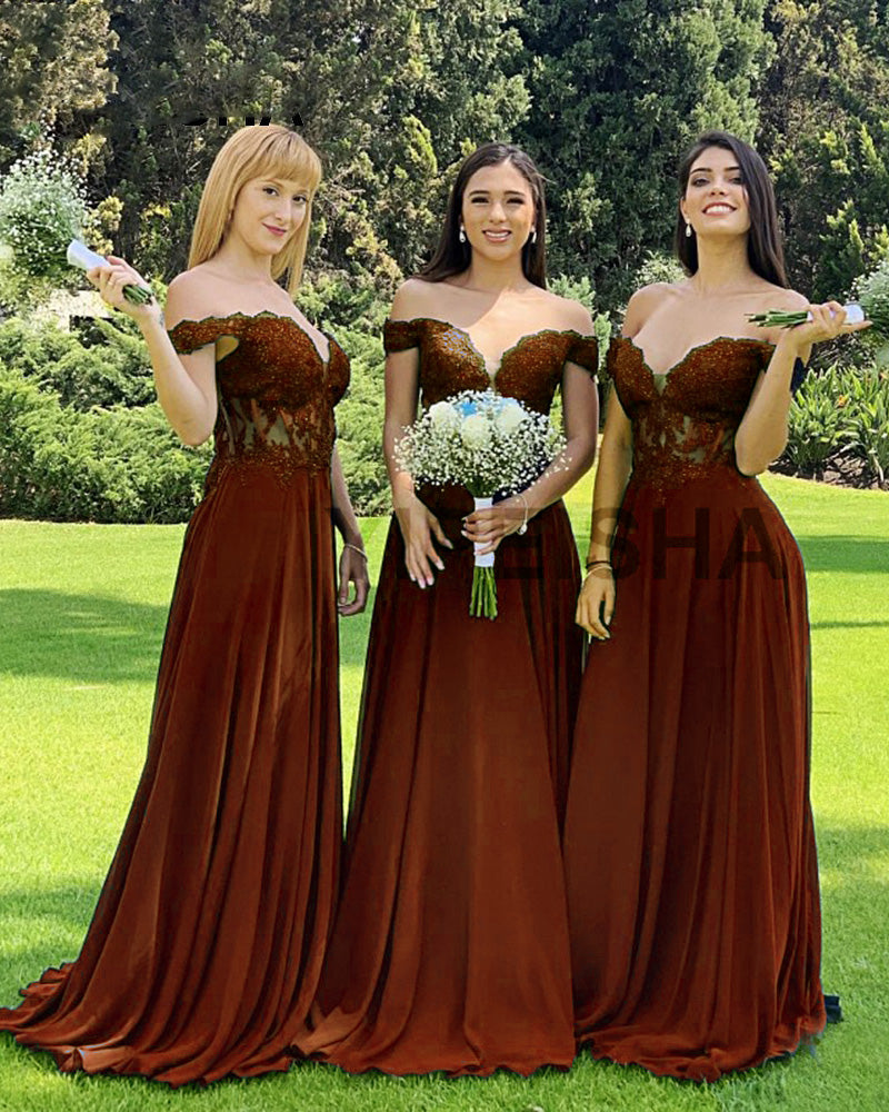 Siaoryne Off the Shoulder Rust Bridesmaid Dress Lace Women Party Gown