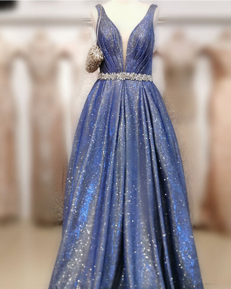 Robe de soirée longue en satin bleu à col en V et ligne A avec ceinture en cristal 20202