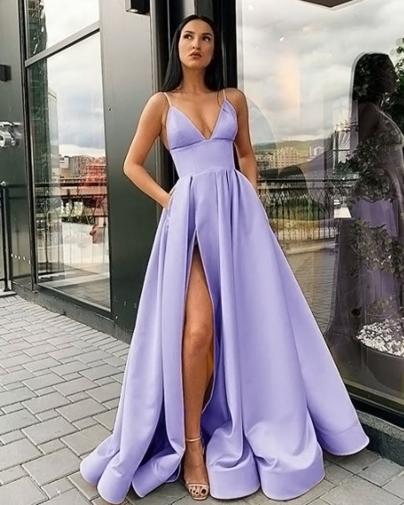 knee length dresses for ladies Elegant A Line Satin Pocket Lilac lavender Long Evening Party Gown Gir –  Siaoryne