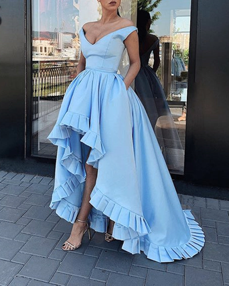 New Style Off Shoulder Prom Dress 2020 Hi-Low Sky Blue Formal Dress PL Siaoryne New Style Off Shoulder Prom Dress 2020 Hi-Low Sky Blue Formal Dress PL Siaoryne