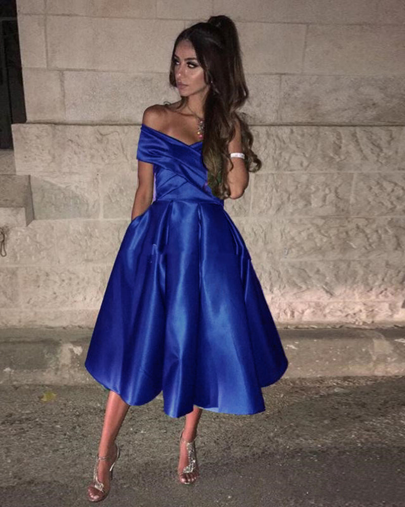 Royal Blue Knee Length Off the Shoulder Girls Homecoming Dress Short G Siaoryne Royal Blue Knee Length Off the Shoulder Girls Homecoming Dress Short G Siaoryne