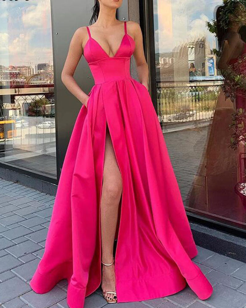 Elegante vestido de noche largo con abertura en forma de A en color rosa fucsia y vestido de fiesta formal PL0625