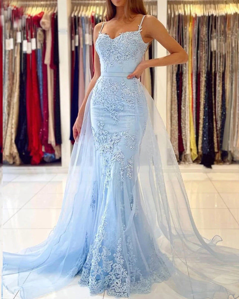 Robe de soirée longue sirène bleu ciel clair en dentelle 2022 pour filles PL2221