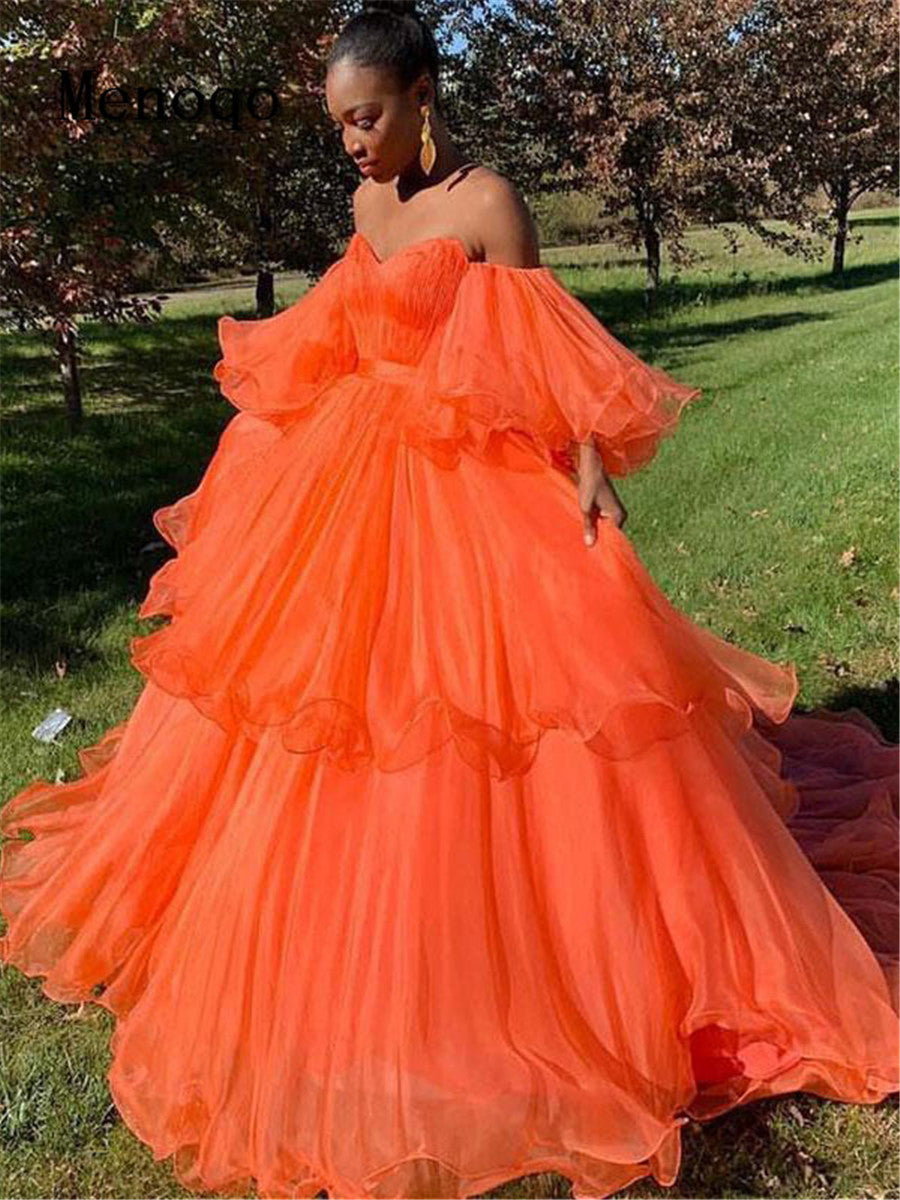 Robe de soirée longue en tulle bouffante à volants et décolleté en V profond, tenue de bal, orange brûlé, princesse, PL11212