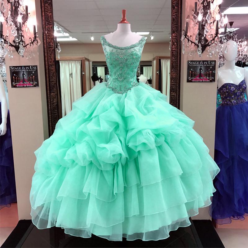 Vestido de quinceañera con escote redondo en color menta, vestidos de quinceañera con cuentas, vestido de debutante 2018