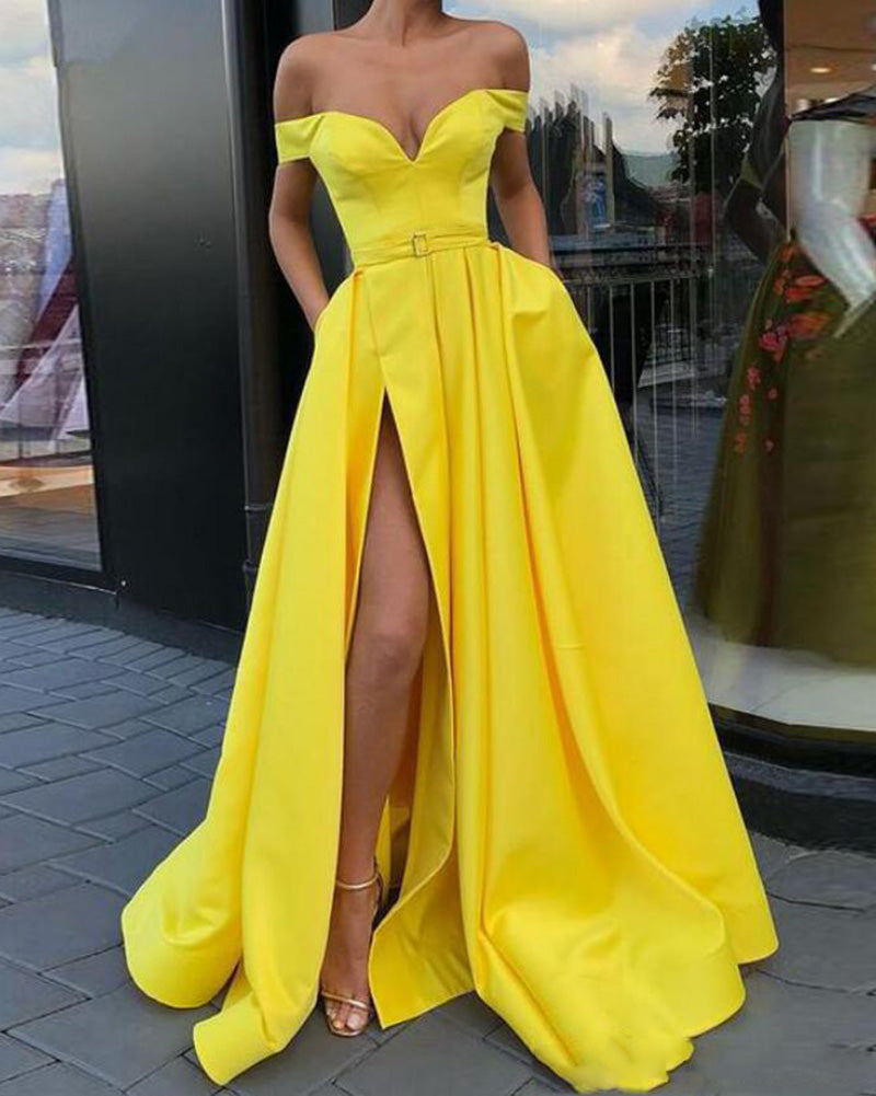 Elegantes vestidos de fiesta largos de color amarillo brillante con abertura alta PL5210