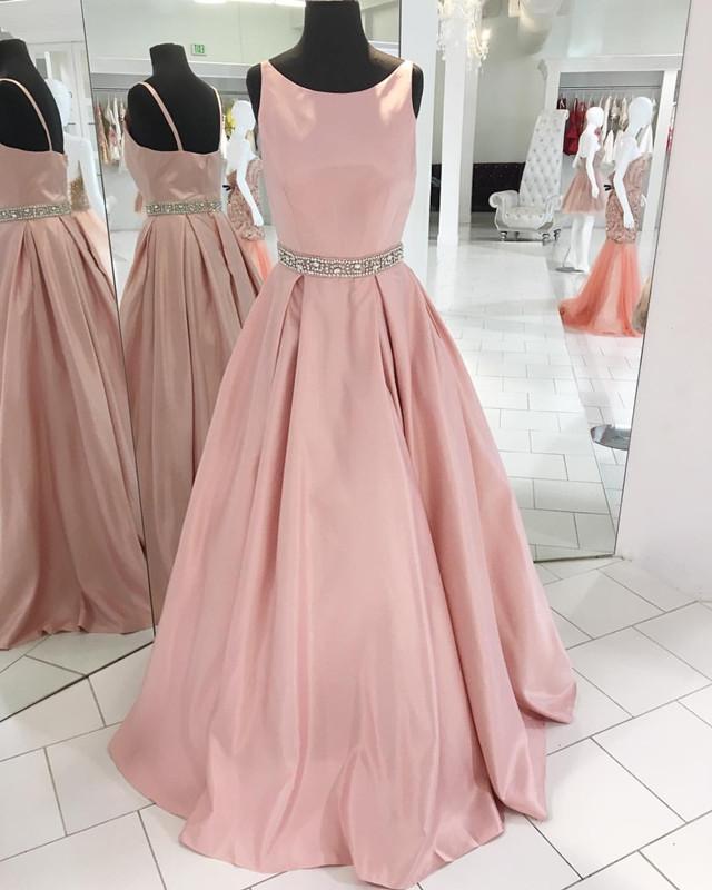 Siaoryne LP0929 Vestido de fiesta de satén rosa con escote redondo y cinturón de cuentas, vestidos de fiesta formales