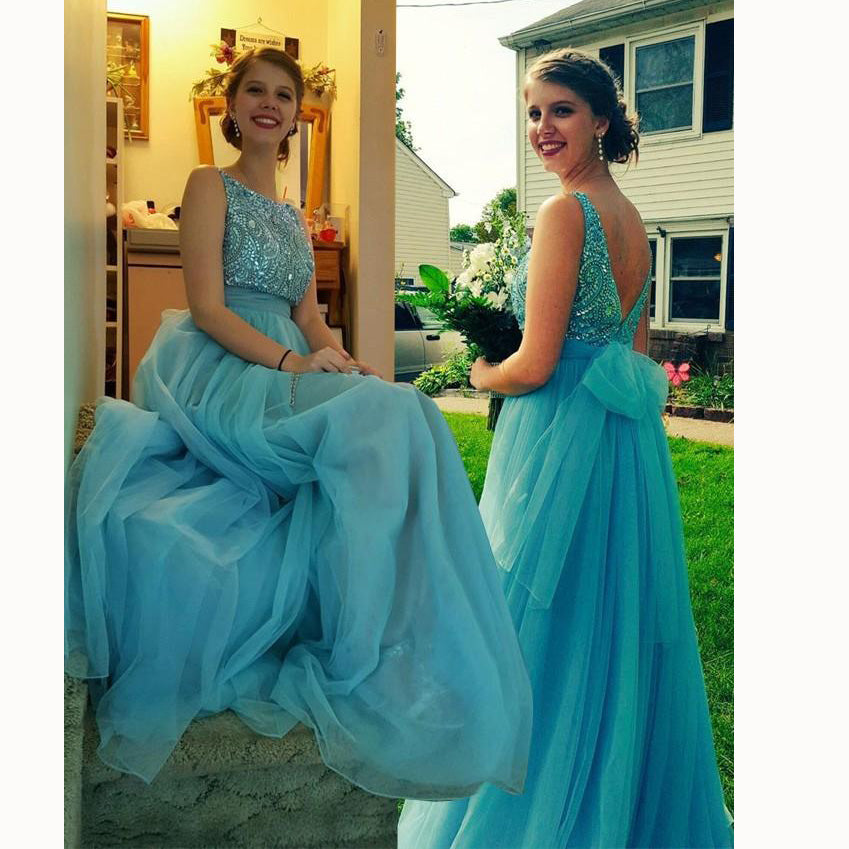 Turquoise Boat Neck A Line Tulle Prom Dress with Beading Formal Engage –  Siaoryne