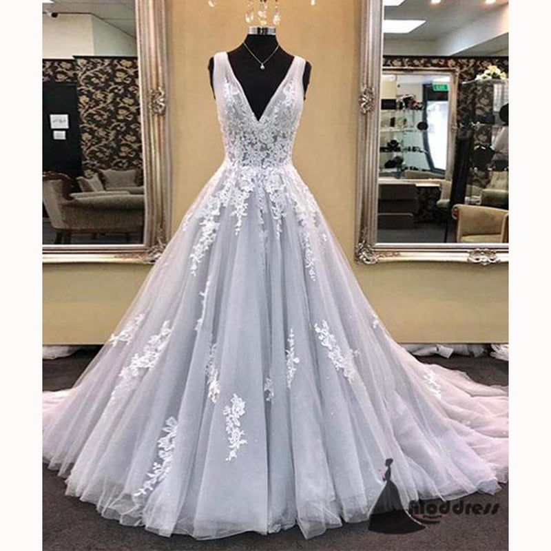 Dreamy Light Grey A Line Prom Dresses Deep V neck Lace Formal Girls Dr –  Siaoryne