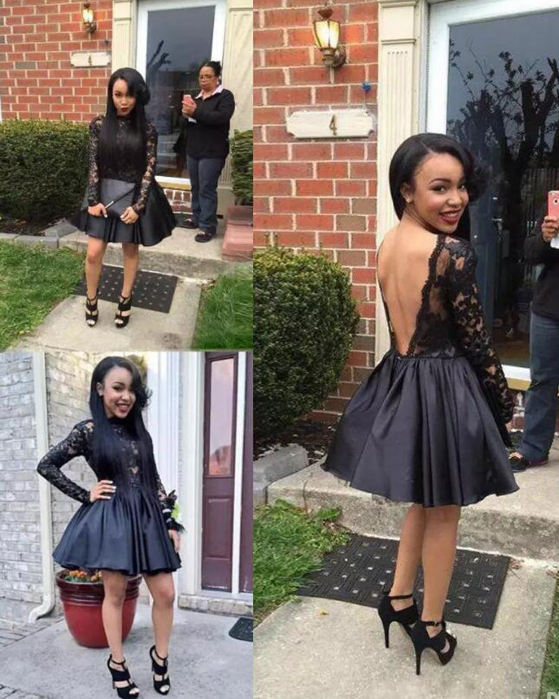 Africa Short Prom Dress Black A Line Lace with Long Sleeves Short Part Siaoryne Africa Short Prom Dress Black A Line Lace with Long Sleeves Short Part Siaoryne