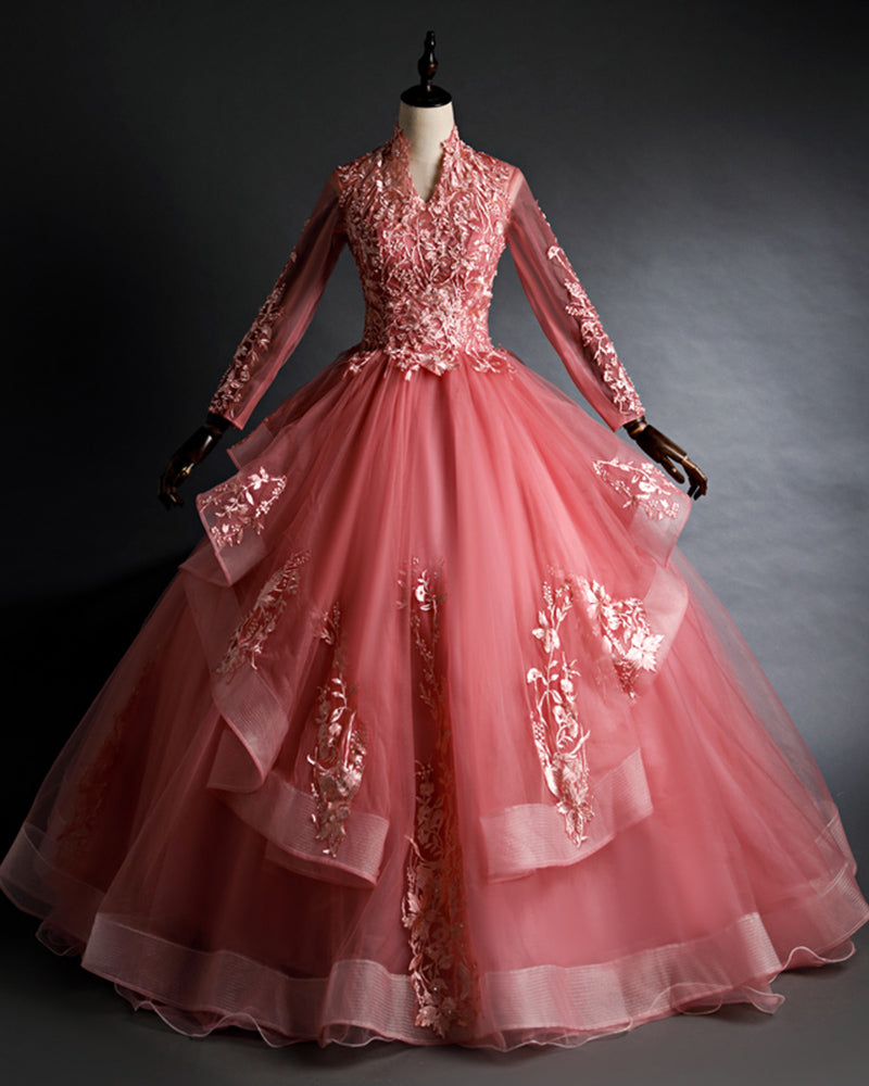 Pink High Neck Long Sleeves Vintage Quinceanera Dress Girls Debutante –  Siaoryne