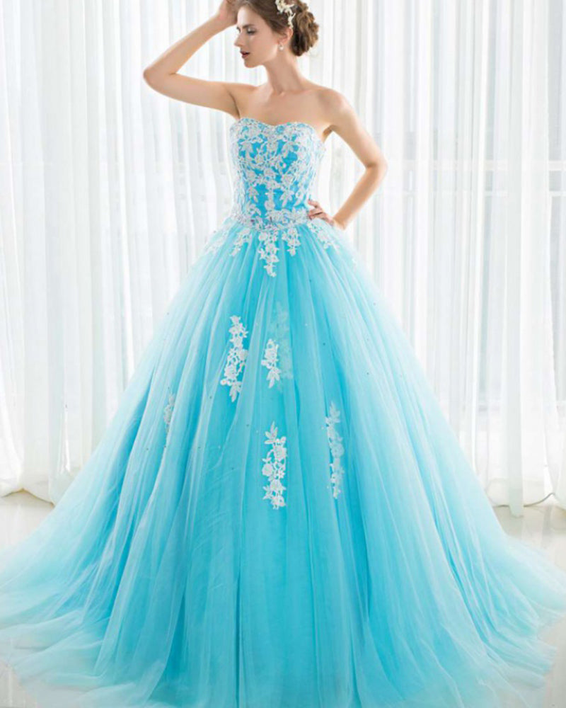 Turquoise Blue Sweetheart Ball Gown Wedding  Engagement Dress Evening Party Prom Gown with ivory Lace WD01211