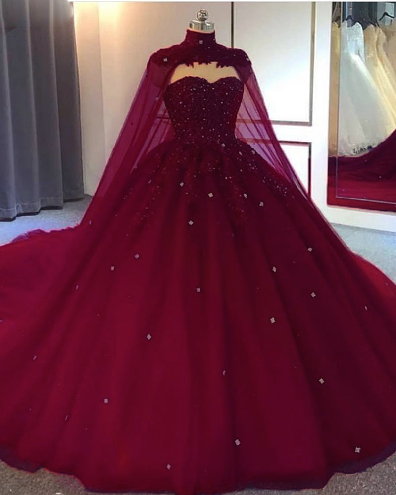 Stunning Beading Ball Gown Wedding Dress with Cape Masquerade Dress Burgundy/Roayl Blue WD10121