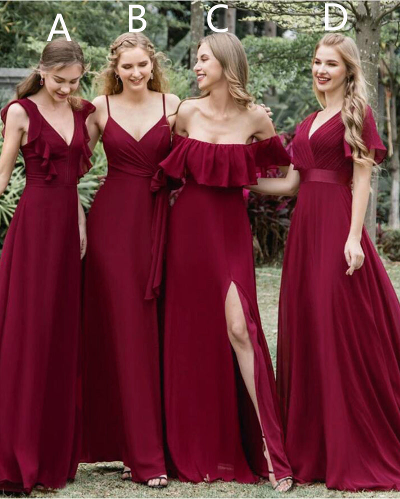 Burgundy Chiffon Bridesmaid Dresses Long Wedding Party Gown for Women   Siaoryne