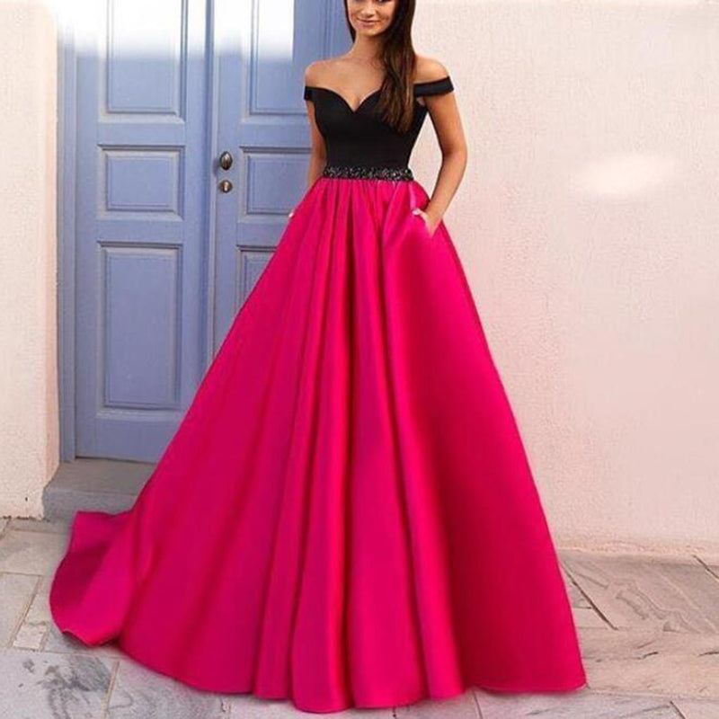 Elegant Off the Shoulder Black and Hot Pink Prom Dresses