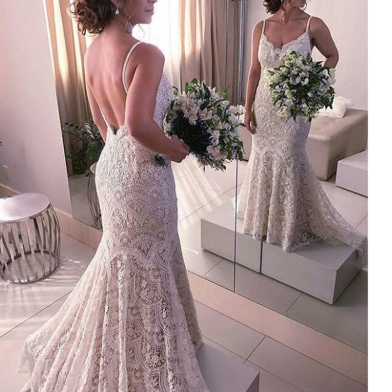 mermaid wedding dress expensive WD777 Expensive Chic Lace Wedding Dresses Ivory Spaghetti Straps Merma –  Siaoryne