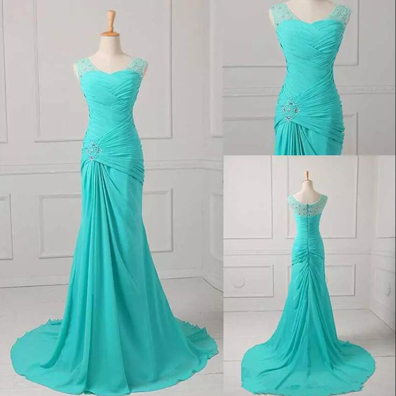 Turquoise Blue Mermaid Chiffon Formal Evening Gown with Beaded Pleated –  Siaoryne