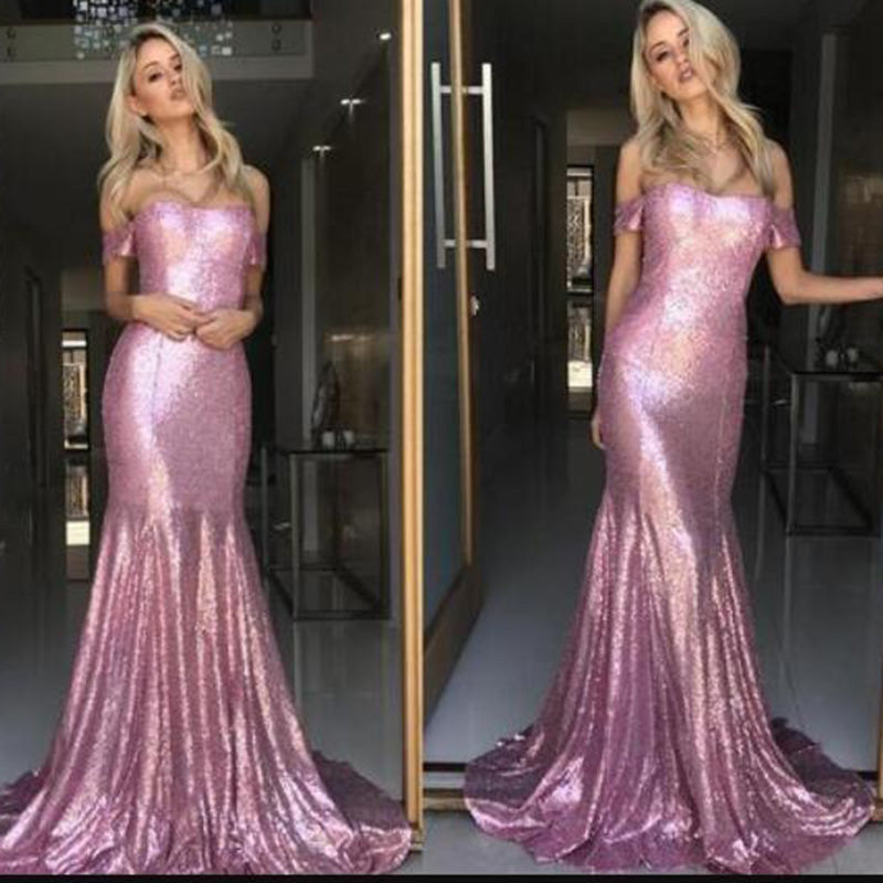 Robe de soirée sirène rose à paillettes et épaules dénudées pour fête 2020 LP6630
