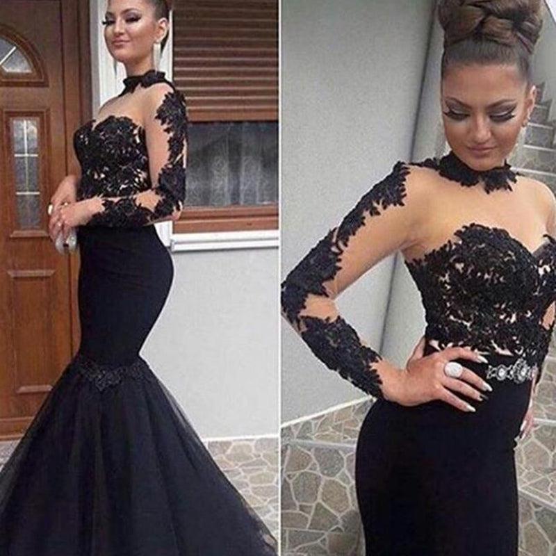 Vestidos de noche negros ajustados y acampanados sexys transparentes para mujer, vestidos de fiesta largos de encaje estilo sirena, vestido de fiesta largo