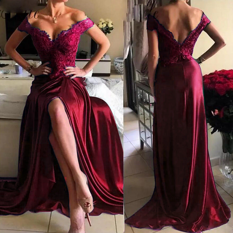 Off Shoulder Red Wine Lace Prom Dresses Long Sexy Slit Women Formal Gown  vestido de gala