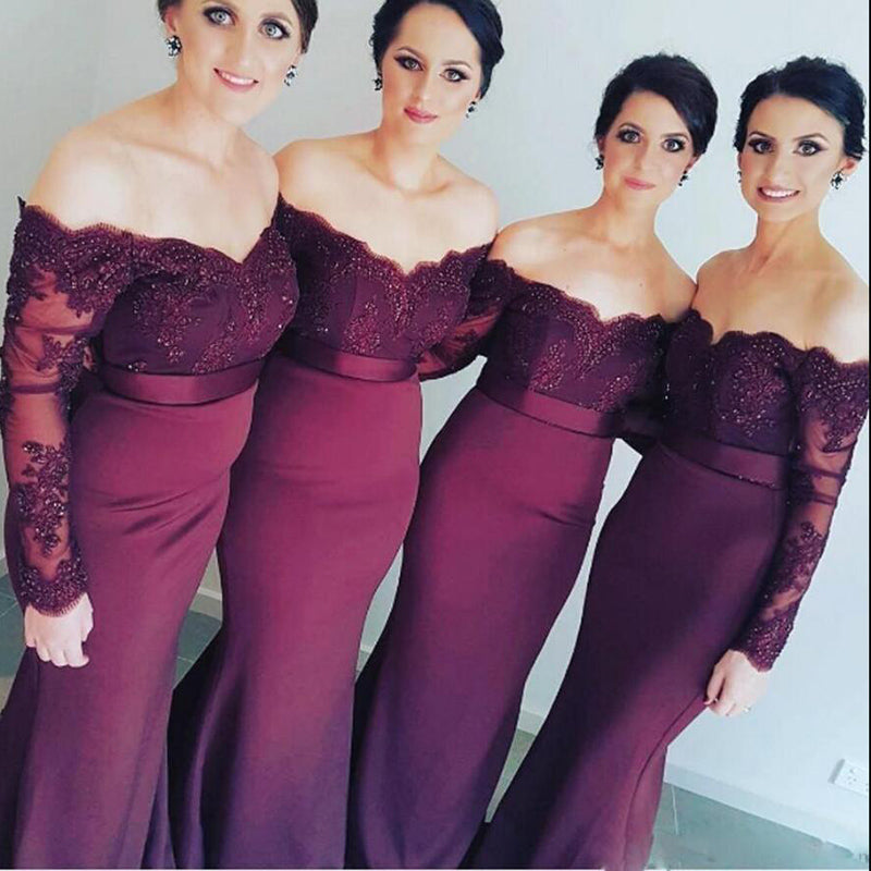 Vestidos de dama de honor con hombros descubiertos color burdeos para mujer, vestido largo tipo sirena para fiesta de boda formal, vestido de dama de honor