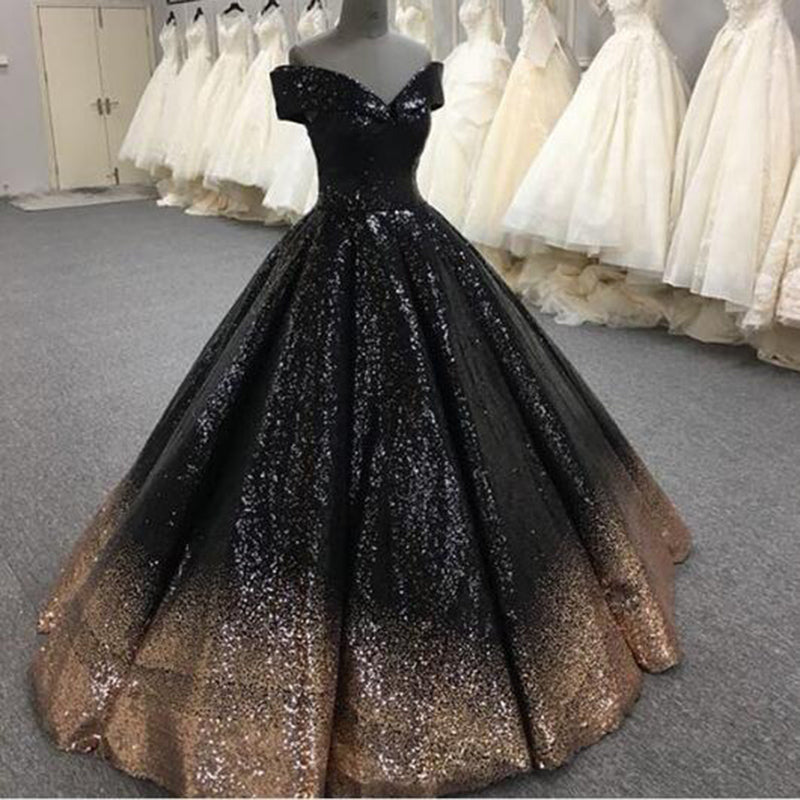 Bling Bling Sequins Gold/Black Ball Gown Prom Dresses Off Shoulder For –  Siaoryne