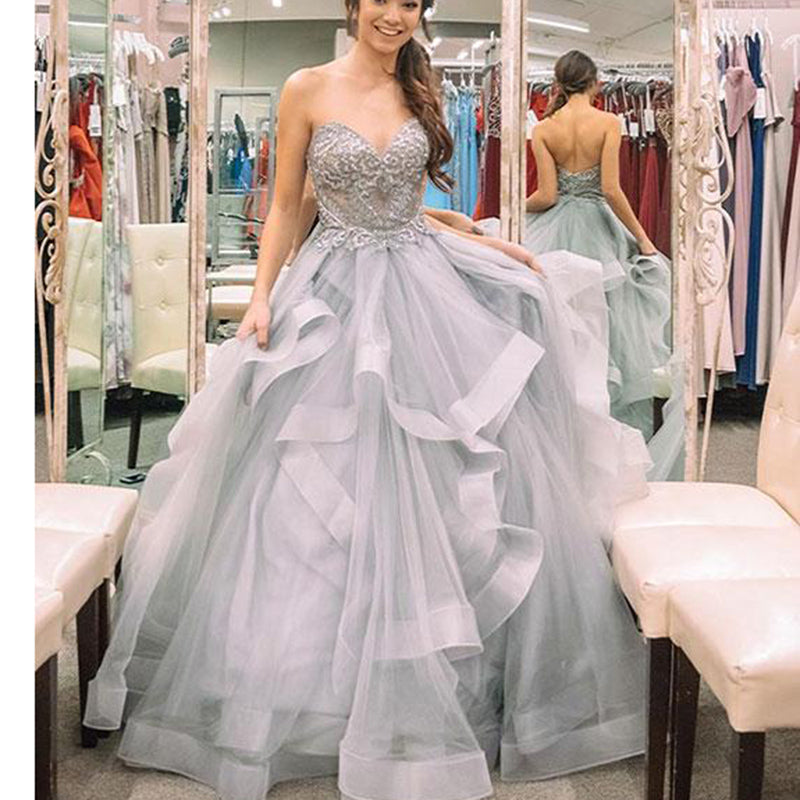 Vestido de fiesta plateado sin tirantes, vestido de fiesta con escote en forma de corazón y cuentas para quinceañera LP0542