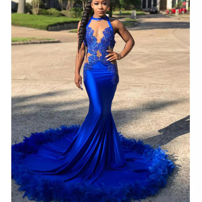 slim fit dress slacks Royal Blue Halter Fitted Long Feather Prom Dress 2018 Luxury African W –  Siaoryne
