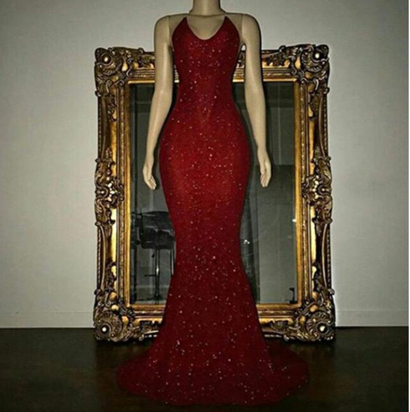 Robe de soirée sirène sexy à paillettes et licou LP0548